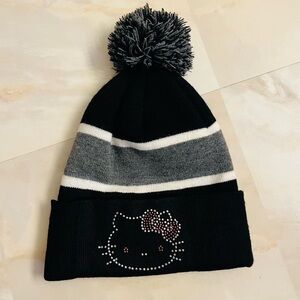 Black and Gray Hello Kitty pom-pom beanie. Rhinestones. Pink silver. Adult